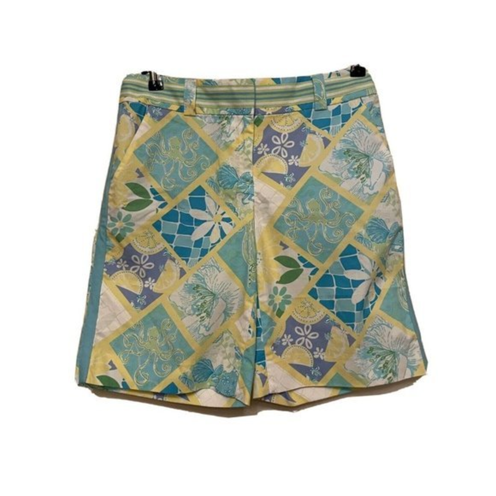 Lilly Pulitzer Bermuda Shorts Octopus Crab Floral Size 2 Blue Yellow Flat Front
